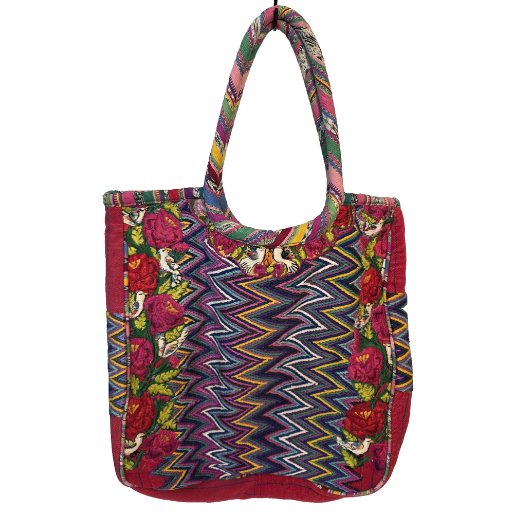 Guatemalan Huipil Style Embroidered Floral Textile Large Tote Bag Boho Lined